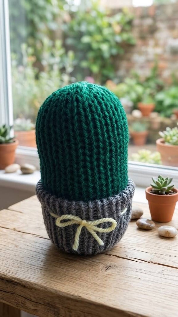 Grand Cactus Tricoté en Pot Gris (14 cm) – Plante Artificielle Artisanale