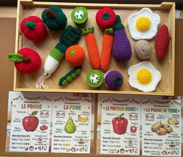 Maxi Coffret Dinette au Crochet avec Fiches Éducatives Montessori – Fruits, Légumes et Aliments Faits Main