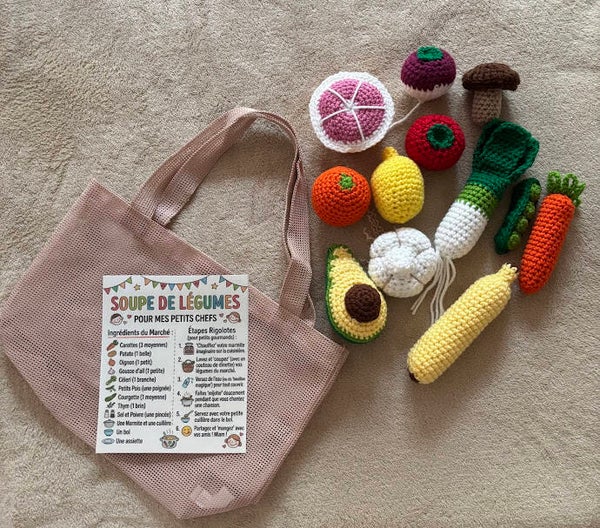 Fruits et légumes au crochet Montessori avec sac de marché et fiche recette – Dinette éducative enfant – Jeu d'imitation fait main