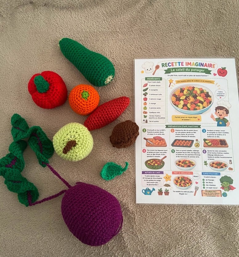 Lot de dinette au crochet – Recette imaginaire "Le Soleil du Potager"