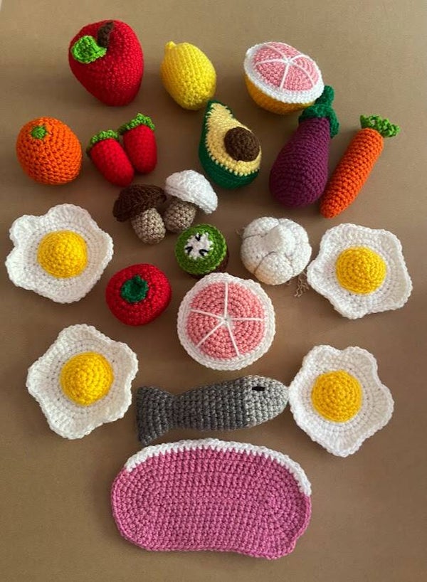 🍎 Lot Fruits, Légumes & Aliments au crochet – Jeu de marchande
