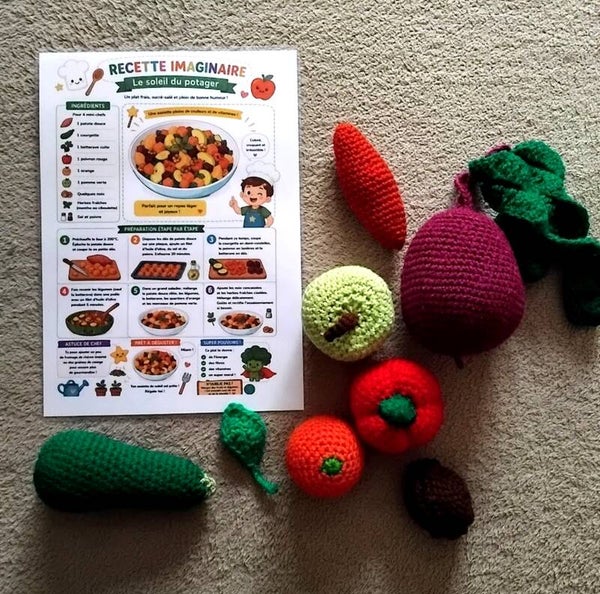 Lot de dinette au crochet – Recette imaginaire "Le Soleil du Potager"