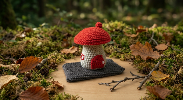 Maison champignon au crochet – Décoration automnale artisanale 12 cm