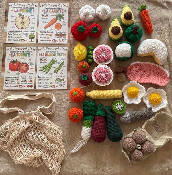 Maxi Lot Dinette en Crochet – Fruits, Légumes & Épicerie + Cartes Éducatives & Sac