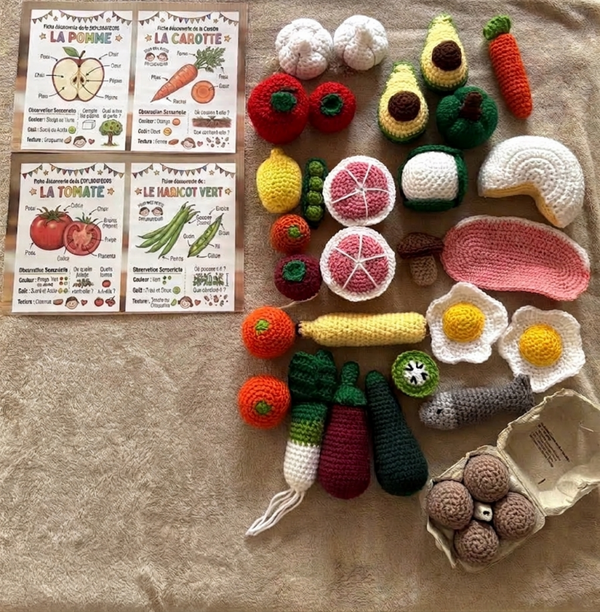 Maxi Lot Dinette en Crochet – Fruits, Légumes & Épicerie + Cartes Éducatives