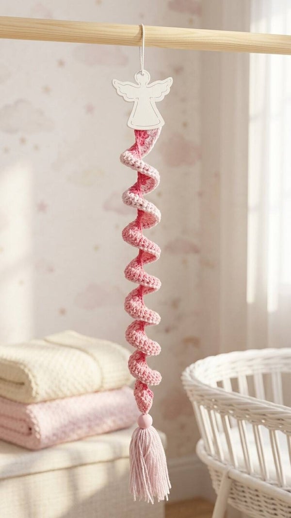 Spirale à Vent au Crochet Rose – Suspension Poétique Fait Main avec Ange en Bois (63 cm)