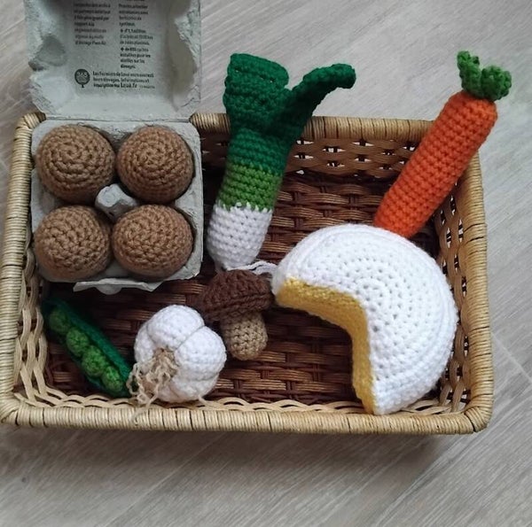Petit lot de dinette au crochet fait main – Légumes, fromage et œufs