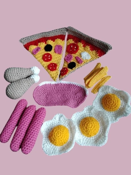 Création fait main Lot de jouets dinette pizzas, poulet, frite, œufs au crochet