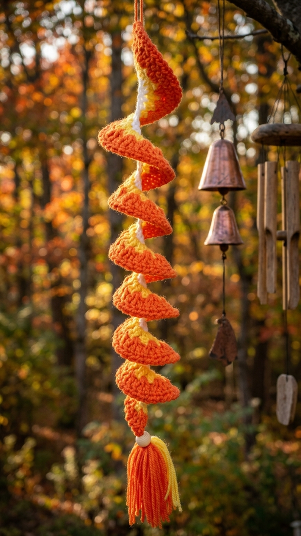 Spirale à vent au crochet blanc, jaune et orange – 58 cm