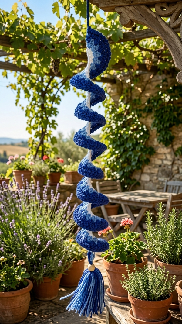 Spirale du Vent Artisanal au Crochet – Nuances de Bleu & Pompon (59 cm)
