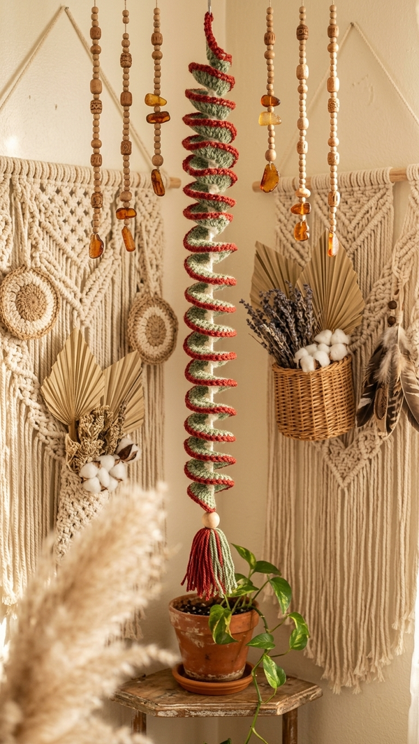 Spirale à vent bohème au crochet – 75 cm – Écru, vert et terracotta