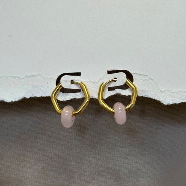 RVS (Goud) zeshoek Oorbellen met Rozenkwarts