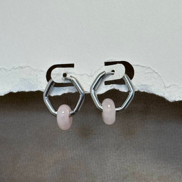 RVS (Zilver) zeshoek Oorbellen met Rozenkwarts