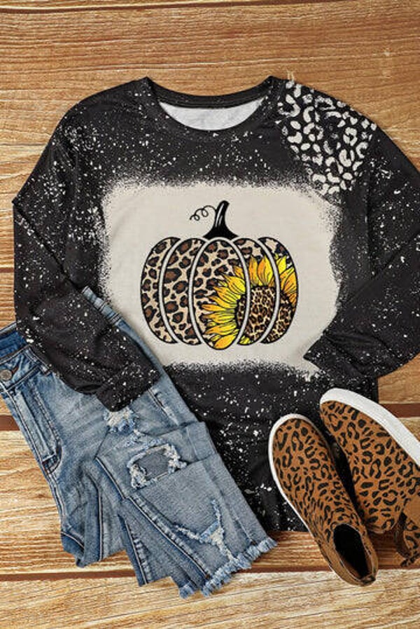 Sunflower Leopard Pumpkin Bleached Print Long Sleeve Top