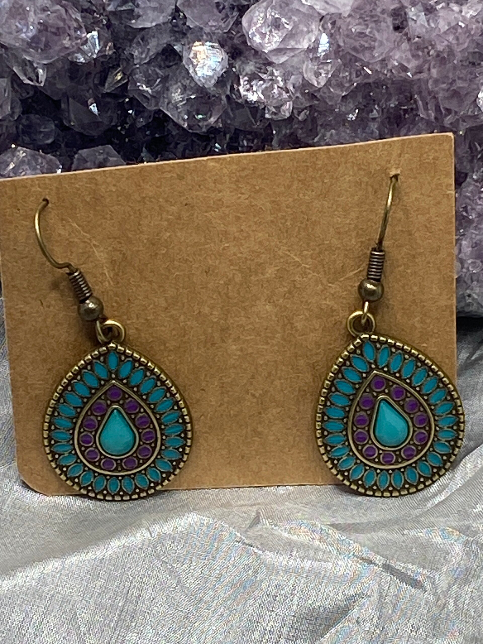 Boucle d’oreille, turquoise et strass