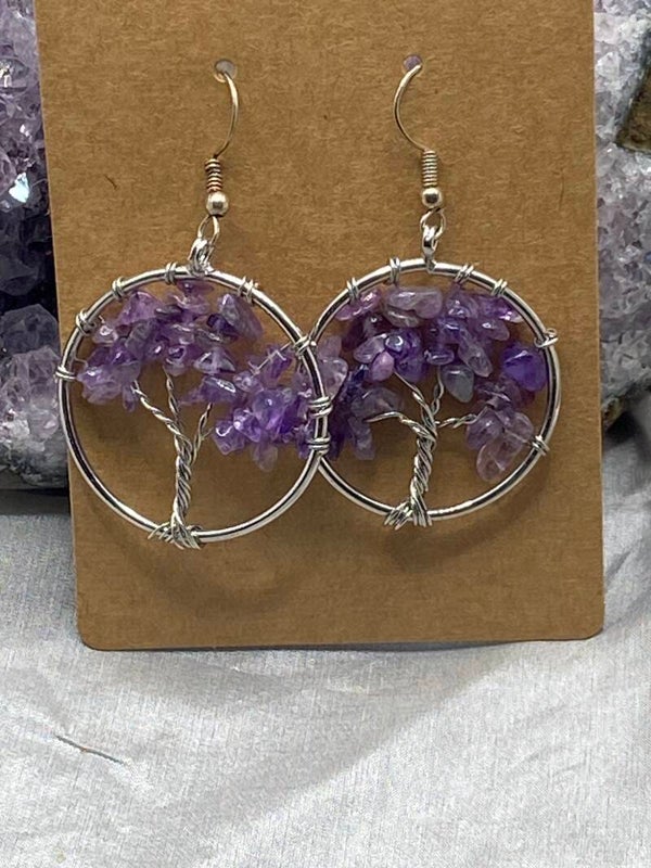 Boucles d’oreille arbre de vie amethyste, aiguevmarine, aventurine et 7 chakras