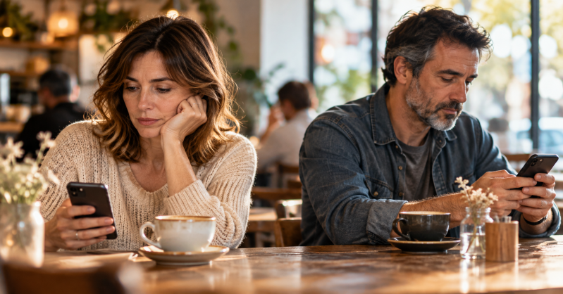 Pareja de mediana edad sentada en una cafetería, mirando sus móviles sin interactuar, reflejando la desconexión emocional en pareja.