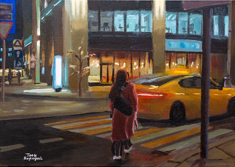 Avond in de stad (acrylverf) 50x70cm