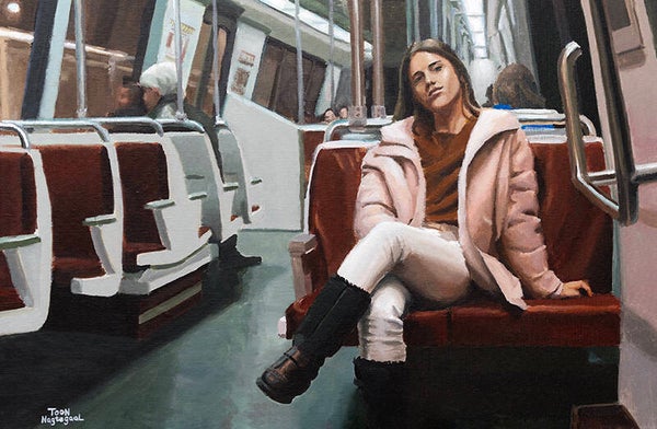 Vrouw in metro (acrylverf) 90x60cm