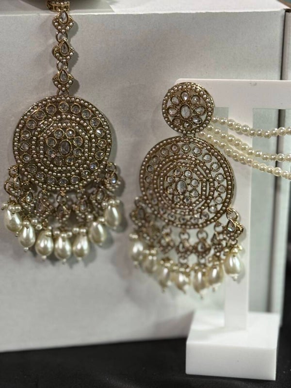 Gold White Sahara Earrings with Tikka