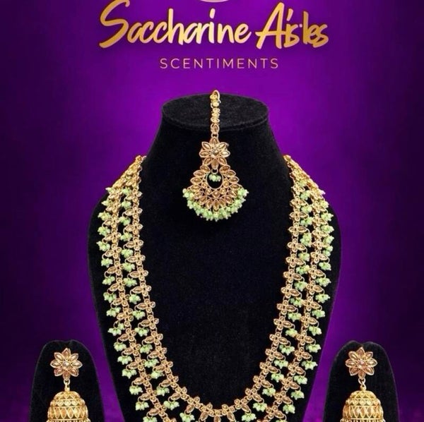 Sakina double layer mala reverse AD long necklace with earrings and tikka