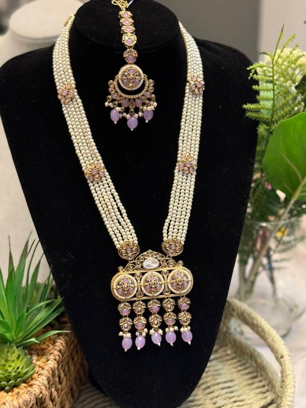3 Stone Mala Long Necklace with Earrings and Tikka