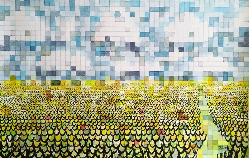 veld gele tulpen, aquarel 50x32,5cm JWL leverenzo