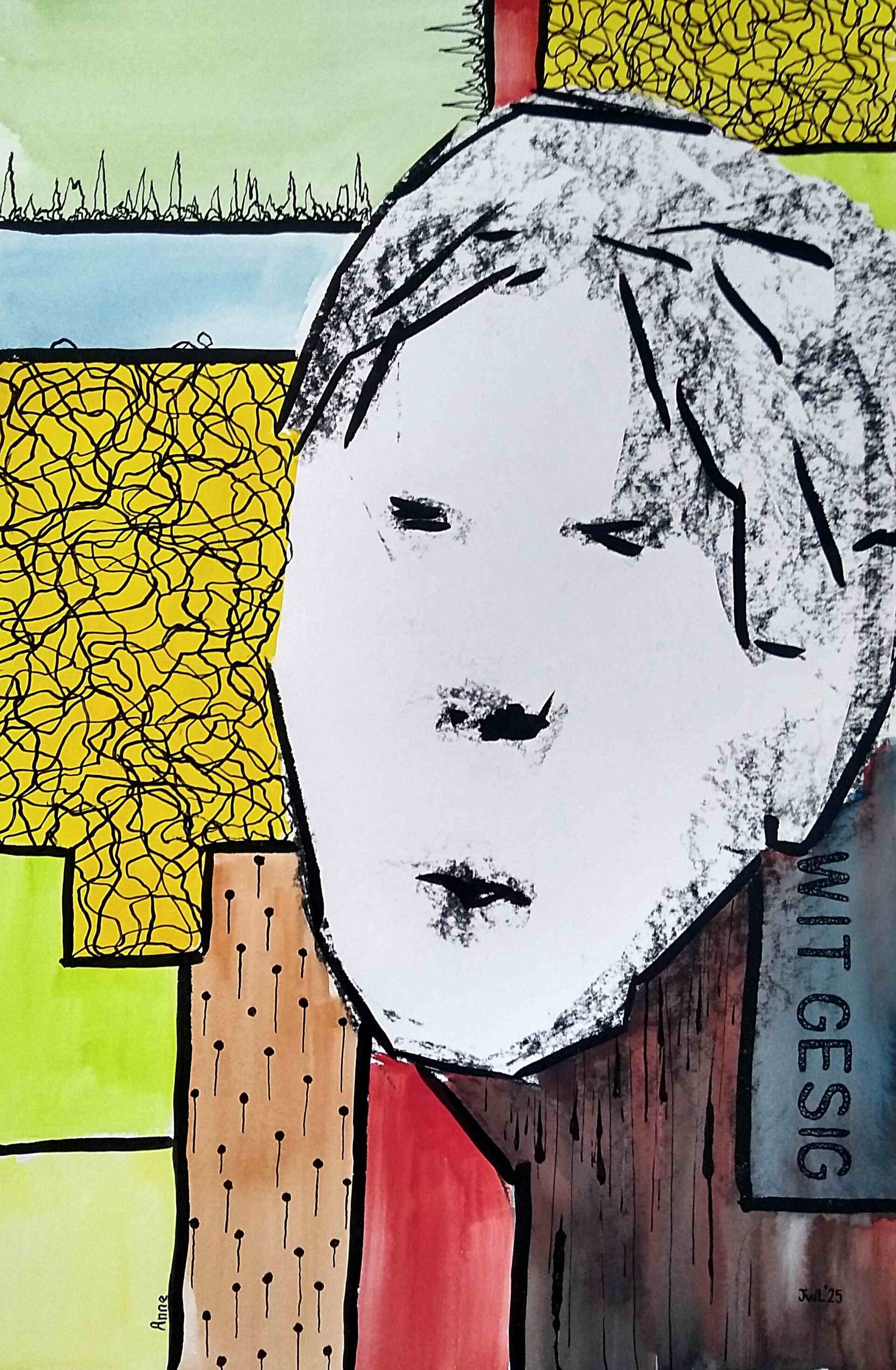 Anne (wit gesig), houtskool / siberisch krijt / aquarel / oost-indische inkt, 50 x 32,5 cm, JWL leverenzo