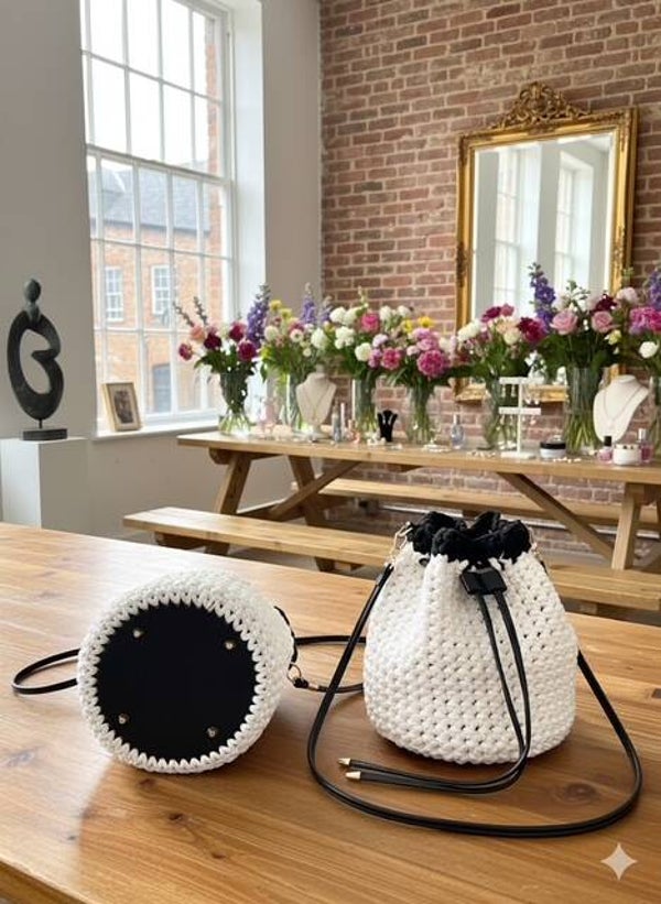 White and Black drawstring bag.