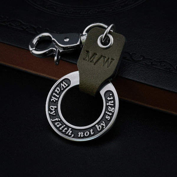 Engraved Stainless Steel & Leather Keychain – Christian Gift for Him