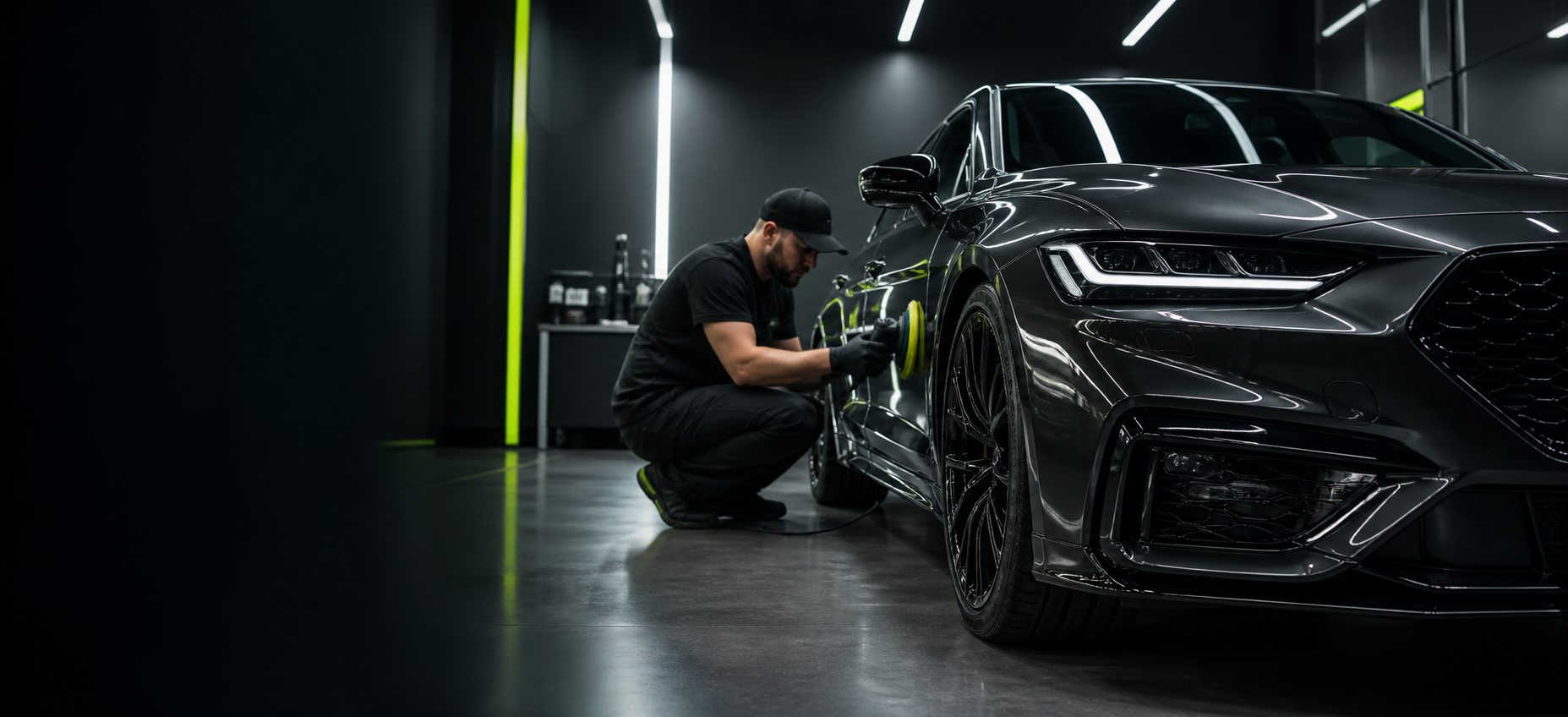Maschinelle Lackpolitur eines schwarzen Fahrzeugs bei P7 Autocare