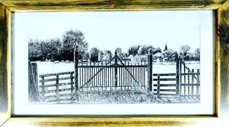 Tekening met zelfgemaakte lijst Gezicht op "Oud Limmen" van achter een oud houten hek langs de Schoollaan. 40,5x20,5cm. 2021