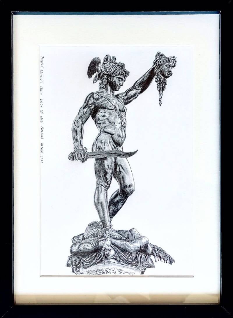 Tekening van Benvenuto Cellini bronzen beeld van Perseus 1554 Loggia dei Lanzi Florence Misschien wel het mooiste beeld wat ik in Italië heb gezien. Onwaarschijnlijk mooi gedetailleerd, prachtig van kleur. 2021 27x17cm.