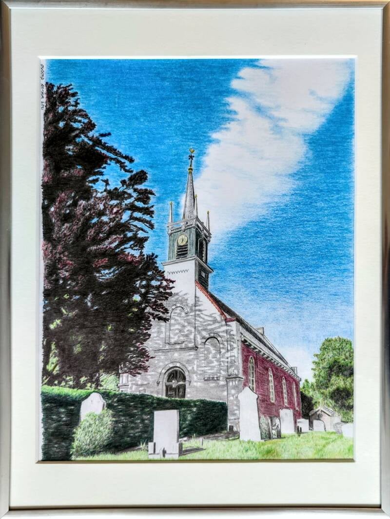 Tekening Witte kerkje Oudorp "De Terp"  2021 24x31cm. Ondanks dat alleen de gevel wit is, tel ik deze wel mee bij de witte kerkjes in onze regio.