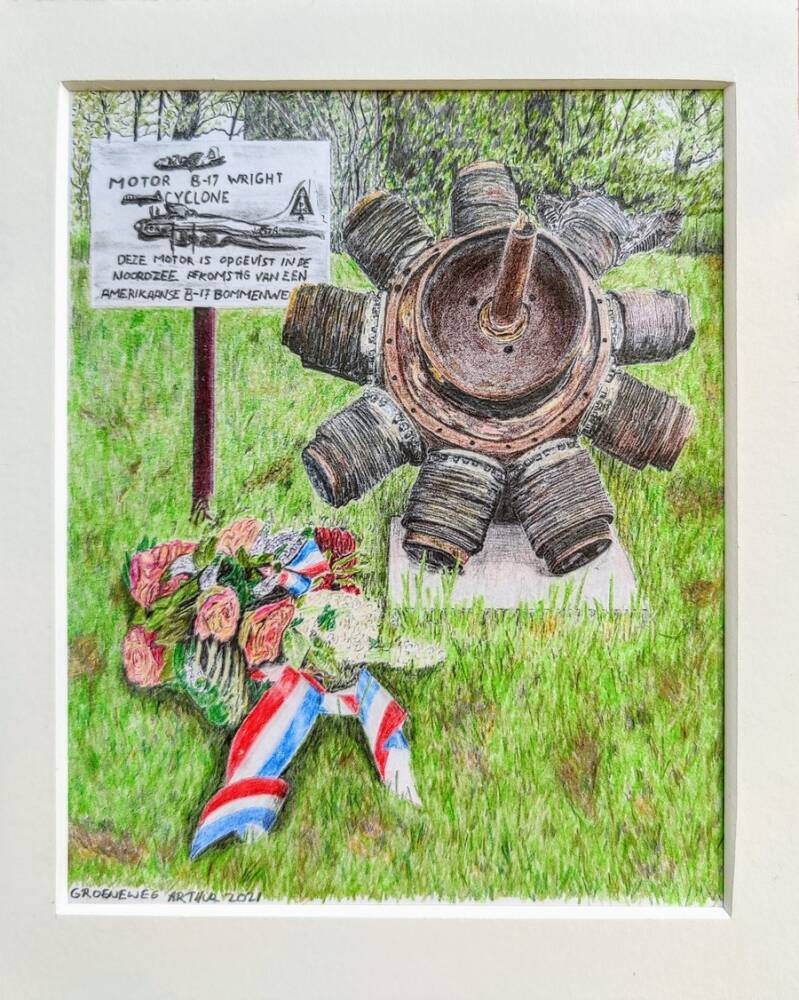 Tekening Vliegtuigmotor voor vliegtuigmuseum Bergen 2021 17,5x14cm.