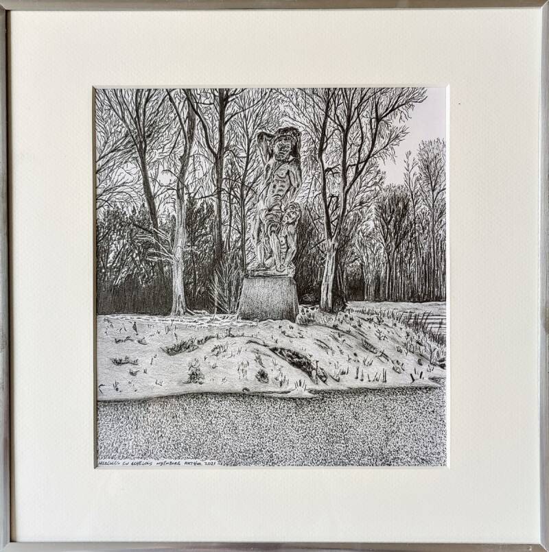 Tekening van Zandsteen beeld van Gaspar Swent "Hercules en Acheloüs" Nijenburg 2021  20,5x19,5cm.