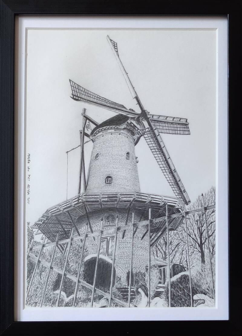Tekening Moeilijk perspectief, Molen van Piet Alkmaar 2021, 26x17,5cm.
