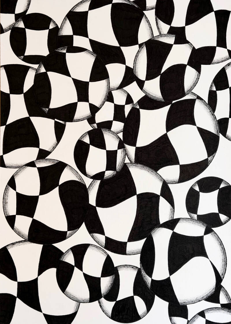 "Particles in another universe, maybe." Pentekening op papier 42x30cm. 2025 Lana Dessin 220 papier