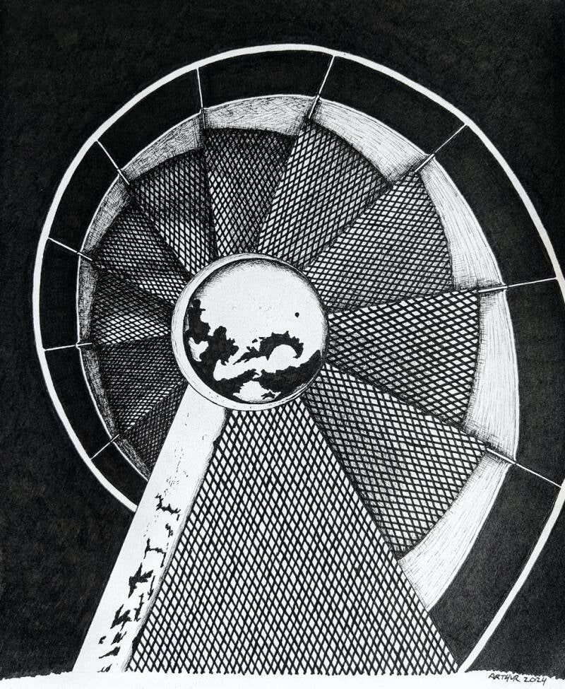 Pentekening 25x20cm. 2024, geïnspireerd op de wenteltrap in het Palmhuset van de prachtige botanische tuinen in Kopenhagen die ik in de zomer van 2023 met mijn dochter Donna heb bezocht.