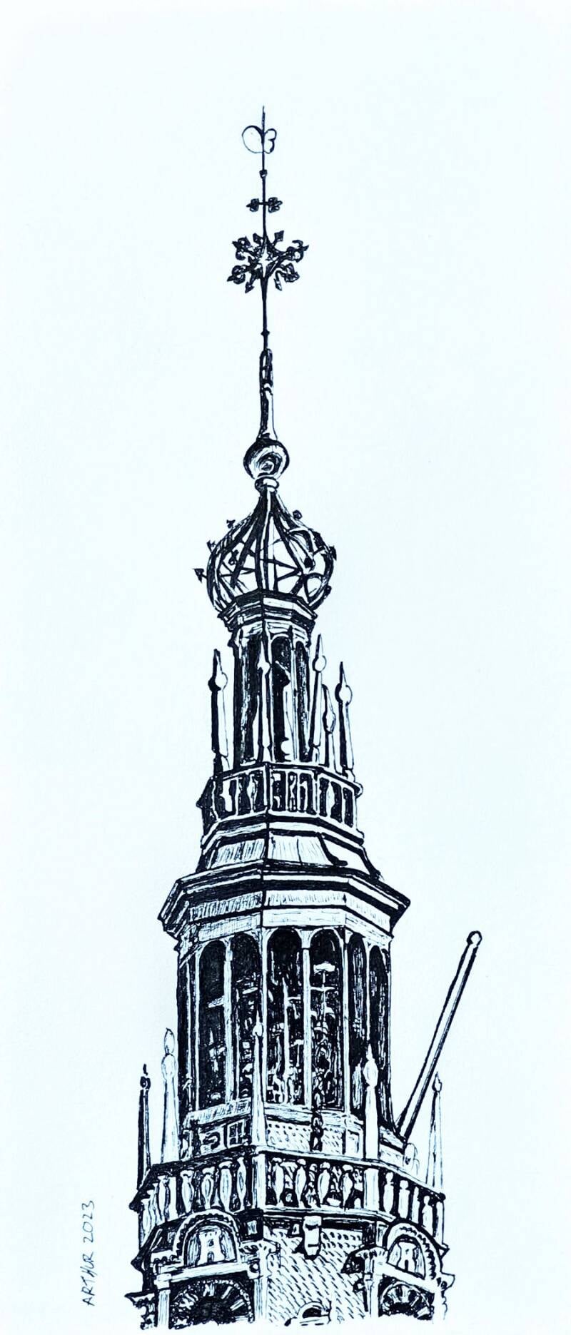 Waagtoren Alkmaar 2023 pentekening 8x25cm. Ik ben hier op 150 meter afstand geboren en opgegroeid en dan is het gewoon de Waagtoren. Maar het is toch de trots van Alkmaar en heb toch maar een keer de toren getekend.
