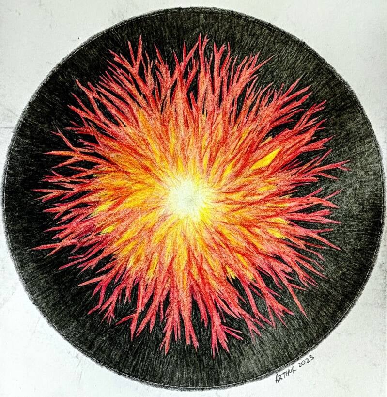 Knal of volgens een vriend Oerknal. Kleurentekening Derwent Procolour op papier. 20,5x20,5cm. 2023