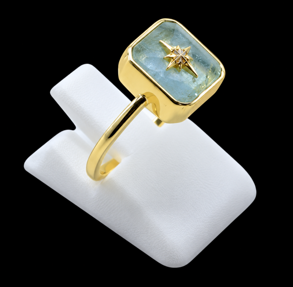 Bague Argent 925 Aigue-Marine Rectangle + Charme