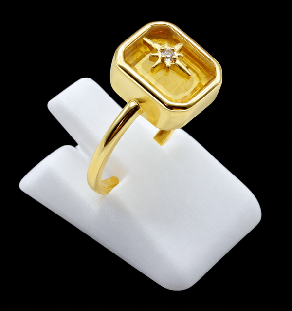 Bague Argent 925 Citrine Rectangle + Charme