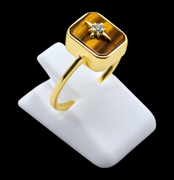 Bague Argent 925 Œil de Tigre Rectangle + Charme