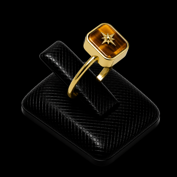 Bague Argent 925 Œil de Tigre Rectangle + Charme