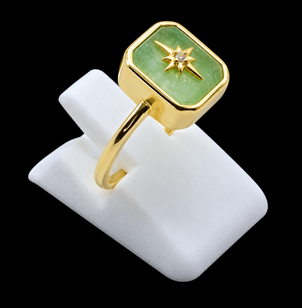 Bague Argent 925 Jade Vert Rectangle + Charme
