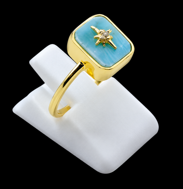 Bague Argent 925 Larimar Rectangle + Charme