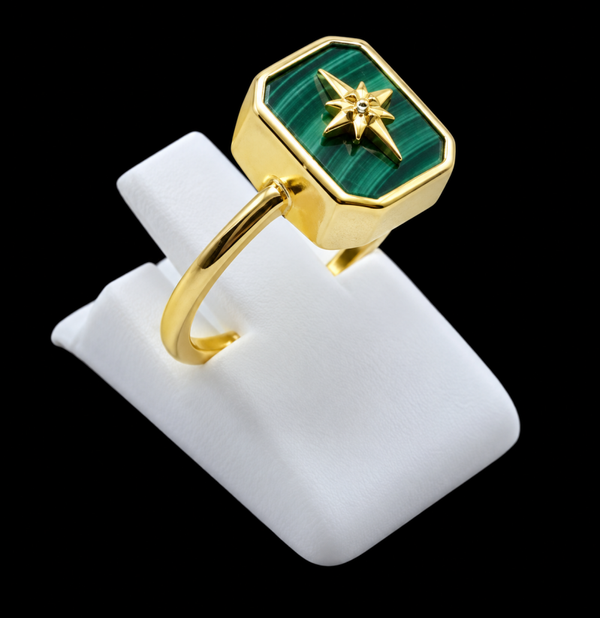 Bague Argent 925 Malachite Rectangle + Charme