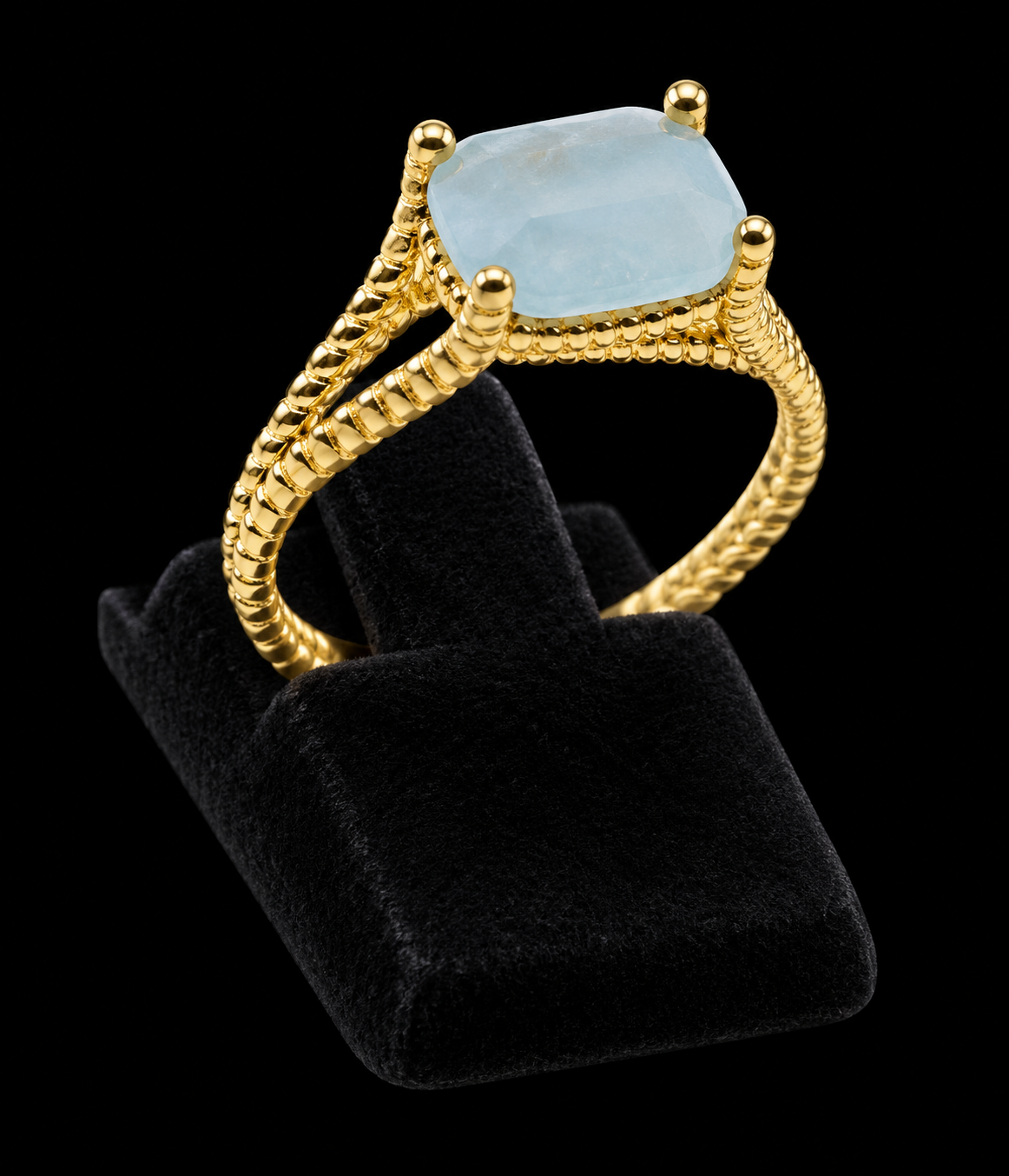 Bague Argent 925 Plaqué Or Aigue-Marine Rectangle
