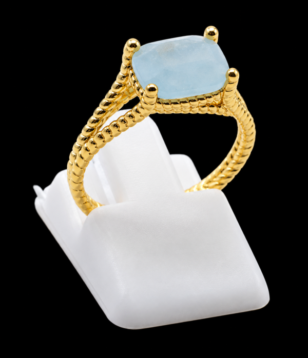 Bague Argent 925 Plaqué Or Aigue-Marine Rectangle